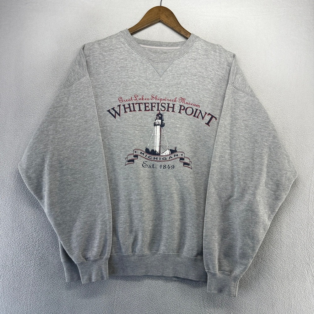 Vintage Whitefish Point Sweatshirt men's Large Gray Great lakes Shipwreck Museum